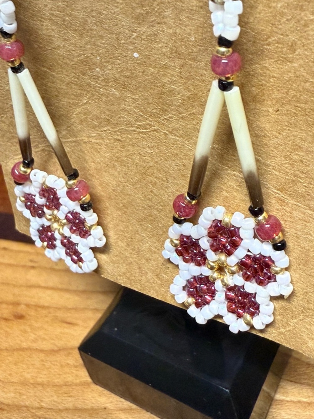 Handcrafted Indian White and Burgundy Beaded Flower Drop Earrings - Picture 3 of 4